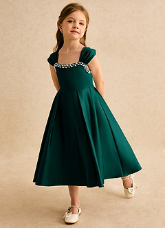 Azazie Yosemite Jurken voor bloemenmeisjes Baljurk Jurk van Mat Satijn Sweetheart Halslijn Pijnboom image6