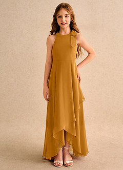 Azazie Boop Girls Formal Robe Demoiselle D'honneur Fillette Robe Trapèze en Mousseline de soie Arc Caramel écossais image3