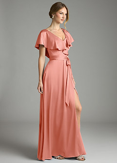 Azazie Lainey Bridesmaid Dresses Coral A-Line with Pockets Stretch Satin Dress image5