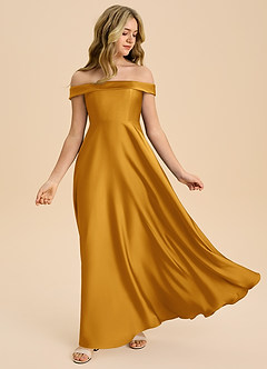 Azazie Sissy Junior Abito A-Line in Raso Elasticizzato a Spalla Scoperta Caramello image5