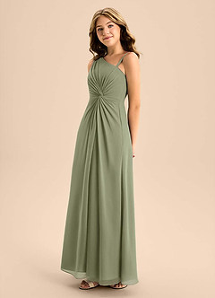 Azazie Brooke Junior Vestido de Pistacho de Gasa de Corte en A con Corte Lateral image6