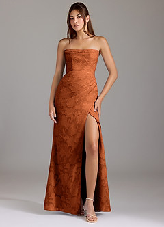 Azazie Leonis Bridesmaid Dresses Burnt Orange Sheath Strapless Floral Burnout Convertible Dress image1