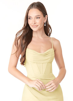 Azazie Mai Bridesmaid Dresses Lemon Sorbet Sheath Pleated Chiffon Dress image5