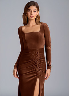 Azazie Addie Jurken voor bruidsmeisjes Jurk van flueel met Kolom Lange mouw Omber image2