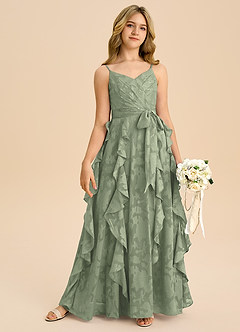 Azazie Peyton Junior A-Linie Plissee Blumen-Burnout Kleid Agave image6