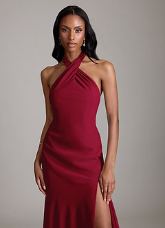 Azazie Lorena Vestidos de damas de honor Vestido de Borgoña de Gasa de Corte Sirena con Plisado image5