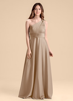 Azazie Charlize Junior Taupe A-Line Pleated Stretch Satin Dress image1