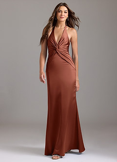 Azazie Valerie Bridesmaid Dresses Clay Mermaid Pleated Stretch Satin Dress image3