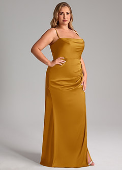Azazie Leonis Bridesmaid Dresses Butterscotch Mermaid Pleated Stretch Satin Convertible Dress image14