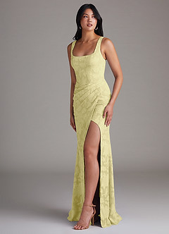 Azazie Mero Bridesmaid Dresses Lemon Sorbet Sheath Pleated Floral Burnout Dress image2