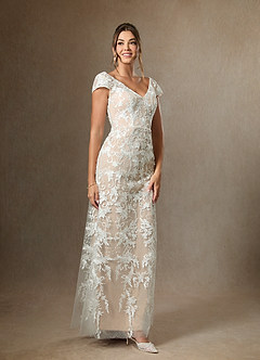 Azazie Devonna Wedding Dresses Diamond White Champagne Sheath V-Neck Sequins Lace Dress image8