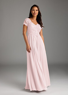 Azazie Dunja Mother of the Bride Dresses Blushing Pink A-Line V-Neck Lace Chiffon Dress image3