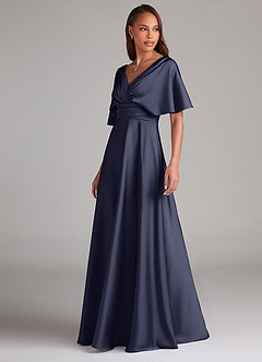 Azazie Pamela Robes de demoiselle d'honneur Robe Trapèze en Satin extensible Plissé Bleu Orageux image4