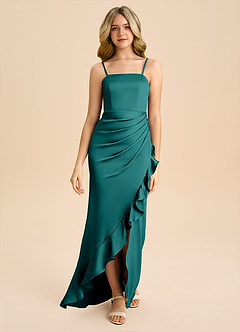 Azazie Buzzy Junior Peacock Sheath Pleated Stretch Satin Dress image4