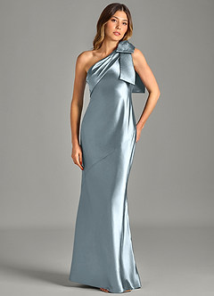 Azazie Yuanna Brudtärnklänningar Klä av Sjöjungfru i Metallisk satin Ena axeln Dammblå image4