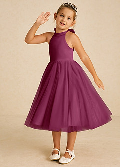 Azazie Dora Blumenmädchenkleider A-Linie Schleifen Tüll Kleid Maulbeerrot image2