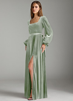 Azazie Leonia Bridesmaid Dresses Dusty Sage A-Line Long Sleeve Velvet Dress image5
