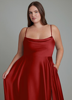 Azazie Elle Bridesmaid Dresses Pomegranate A-Line Pleated Stretch Satin Dress image10
