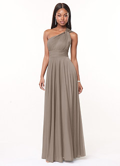 Azazie Charlize Bridesmaid Dresses Taupe A-Line One Shoulder Mesh Dress image3
