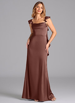 Azazie Adi Bridesmaid Dresses Espresso A-Line Pleated Stretch Satin Dress image4
