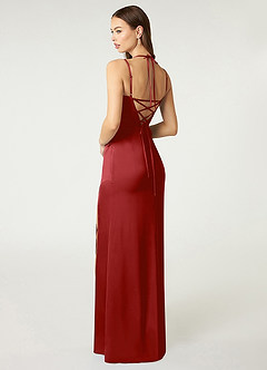 Azazie Desi Bridesmaid Dresses Pomegranate Sheath Halter Corset Stretch Satin Dress image5