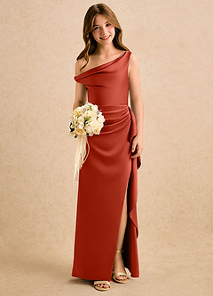 Azazie Avalia Girls Formal Jurken voor bloemenmeisjes Kolom Jurk van Stretch Satijn Off the Shoulder Roest image5