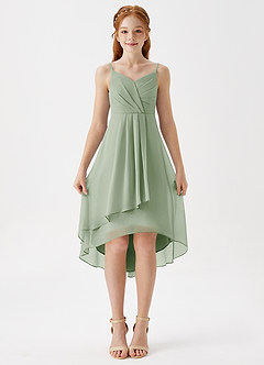 Azazie Mariam Junior A-Linie Plissee Chiffon Kleid Staubiger Salbeigrün image4