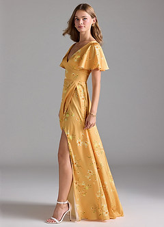 Azazie Lani Brautjungfernkleider A-Linie Volantärmel Stretch-Satin Kleid Goldene Blüten image1