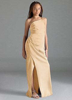 Azazie Eren Junior Gold Sheath Pleated Stretch Satin Dress image4