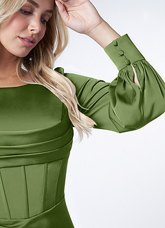 Azazie Raye Robes de demoiselle d'honneur Robe Sirène en Satin extensible Manche longue Genévrier image6