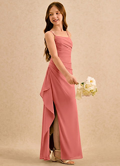 Azazie Cannoli Girls Formal Robe Demoiselle D'honneur Fillette Robe Trapèze en Mousseline de soie Plissé Rose Saumon image4