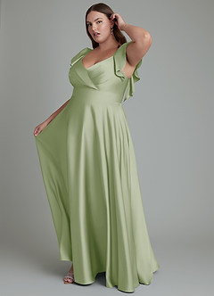 Azazie Leilani Robes de demoiselle d'honneur Robe Trapèze en Satin extensible Drapé Vert Sauge image5