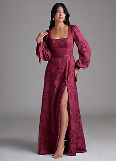 Azazie Leonia Bridesmaid Dresses Burgundy A-Line Long Sleeve Floral Burnout Dress image4