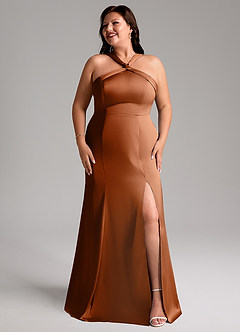 Azazie Rue Bridesmaid Dresses Copper A-Line Pleated Stretch Satin Dress image10