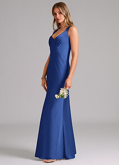 Azazie Kamila 신부 들러리 드레스 A라인 주름진 스트레치 새틴 바닥 길이 드레스 image6