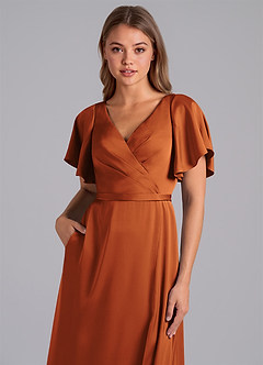Azazie Ambrosia Bridesmaid Dresses Cinnamon A-Line Pleated Stretch Satin Dress image2