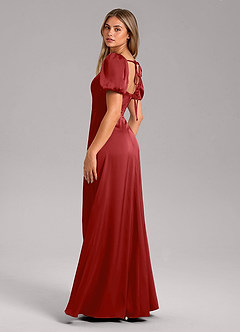 Azazie Fyona Bridesmaid Dresses Pomegranate A-Line Pleated Stretch Satin Dress image5