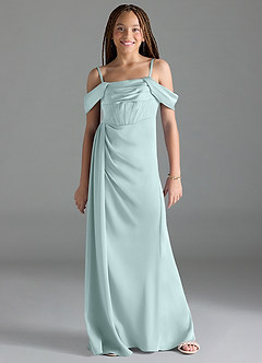 Azazie Amyra Junior Sea Glass Sheath Off the Shoulder Stretch Satin Dress image1