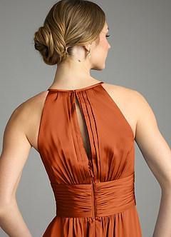 Azazie Bonnie Bridesmaid Dresses Burnt Orange A-Line Pleated Stretch Satin Dress image6
