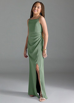 Azazie Leonis Junior Matcha A-Line Pleated Stretch Satin Dress image4