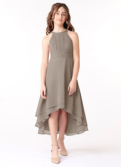 Azazie Linna Junior Taupe A-Line Pleated Chiffon Dress image1