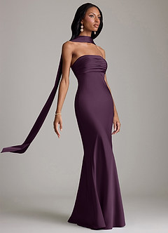 Azazie Saylor Vestidos de damas de honor Vestido de Ciruela de Satén Elástico de Corte Sirena con Sin tirantes image10