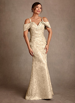 Azazie Bakersfield Mother of the Bride Dresses Champagne Mermaid Off the Shoulder Floral Jacquard Dress image3