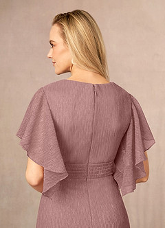 Azazie Mollina Kleider für die Brautmutter A-Linie Rüschen-Flatterärmel Metallisches Netz Kleid Altrosa image5