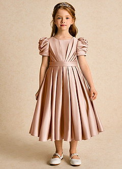 Azazie Miriam vestidos de niña de las flores Vestido de Champán Rosado de Satin Mate de Princesa con Plisado image4