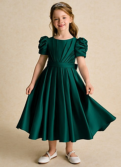 Azazie Miriam Flower Girl Dresses Pine Ball-Gown Pleated Matte Satin Dress image1