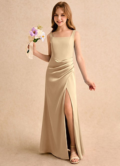 Azazie Noah Girls Formal Jurken voor bloemenmeisjes Kolom Jurk van Stretch Satijn Geplooide Champagne image1