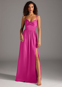 Azazie Zeya Bridesmaid Dresses Fuchsia A-Line Pleated Stretch Satin Dress image2