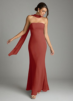 Azazie Saylor Vestidos de damas de honor Vestido de Terracota de Gasa de Corte Sirena con Sin tirantes image7