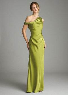 Azazie Emerson Bridesmaid Dresses Lemongrass Mermaid Off the Shoulder Stretch Satin Dress image5